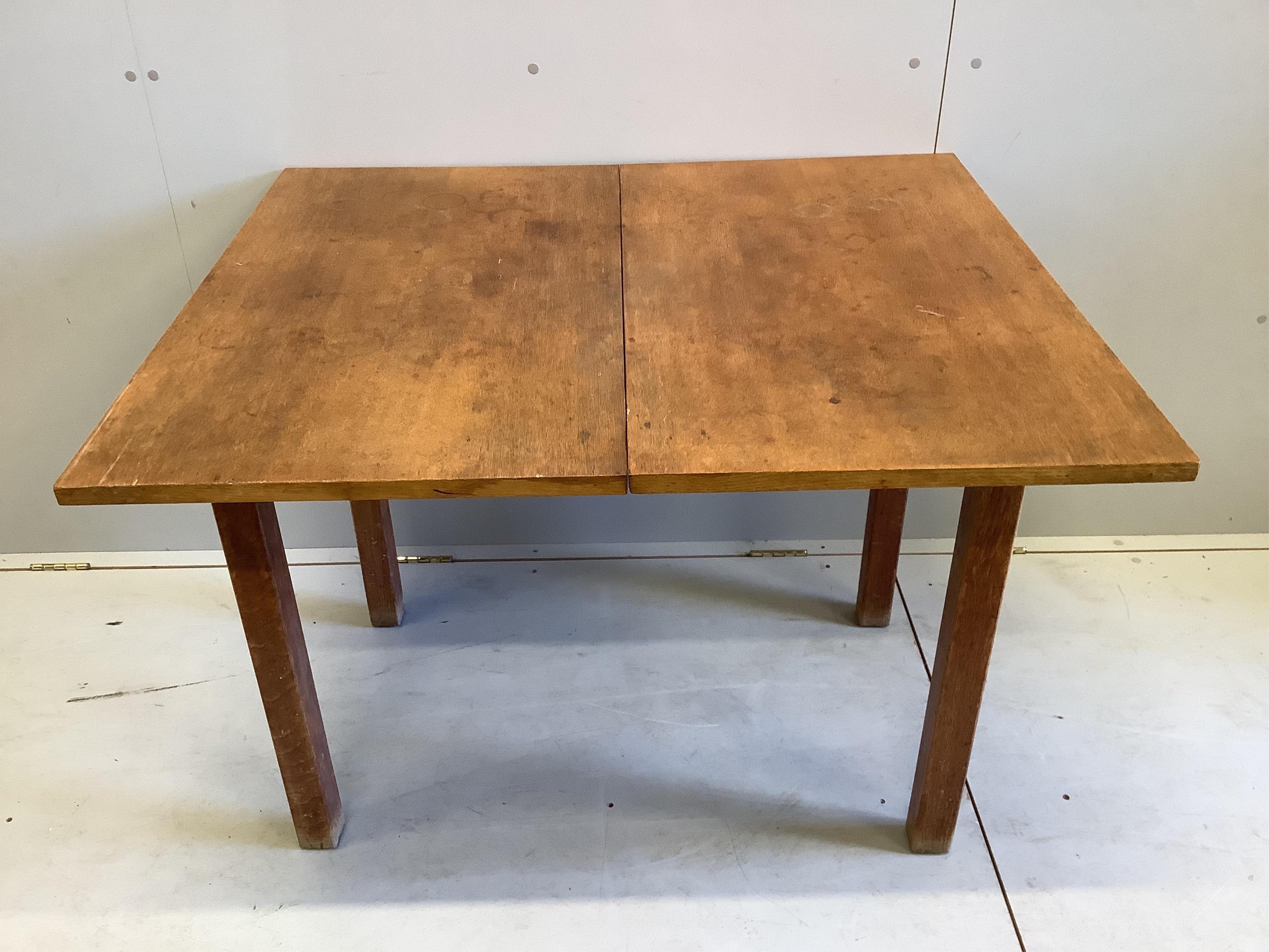 A mid century rectangular oak folding tea table, width 90cm, depth 52cm, height 77cm. Condition - fair